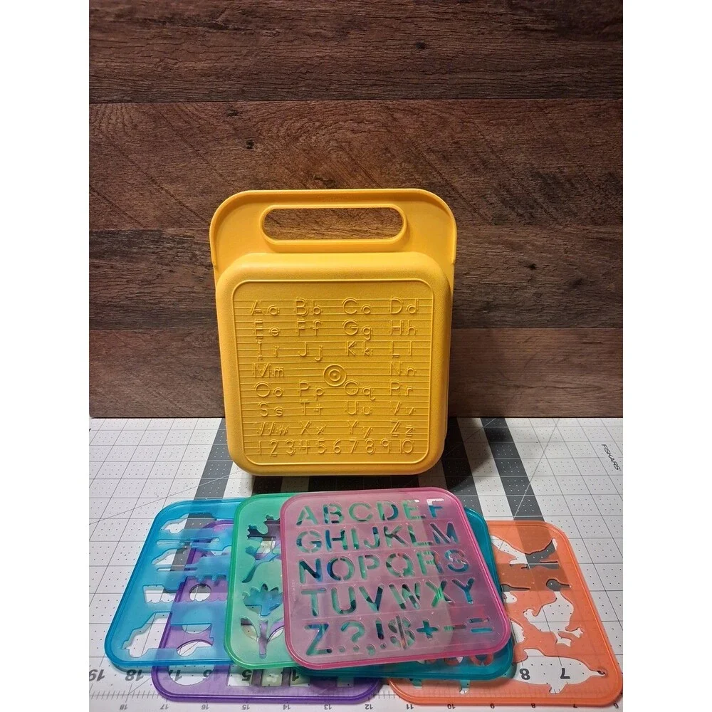Vintage Yellow Tupperware Stencil Case With Stencils